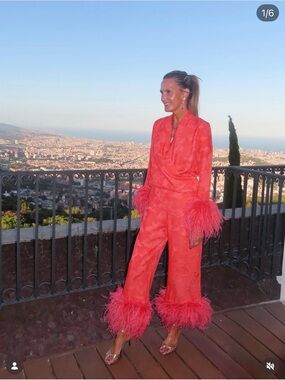 Zara Coral Satin Feather-Hem Lounge Pants